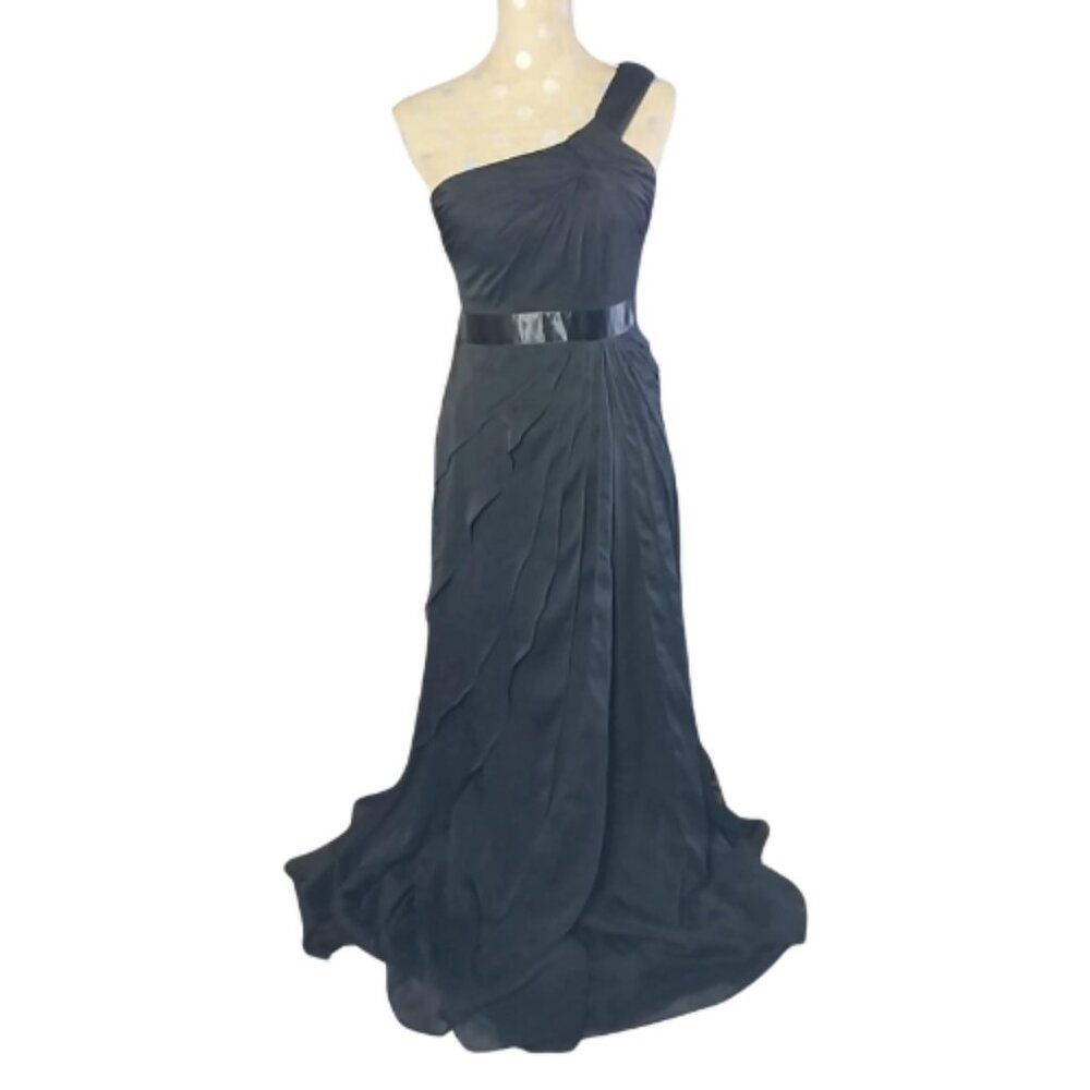 Adrianna Papell One-Shoulder Tiered Chiffon Gown Black 2